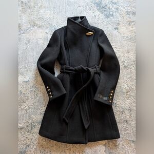 NEW!! Never Worn. Donna Karan wool Black Coat with Gold Chain Detail